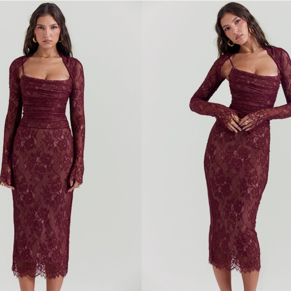 HOUSE OF CB 'Gaia' Claret Lace Midi Dress NWOT